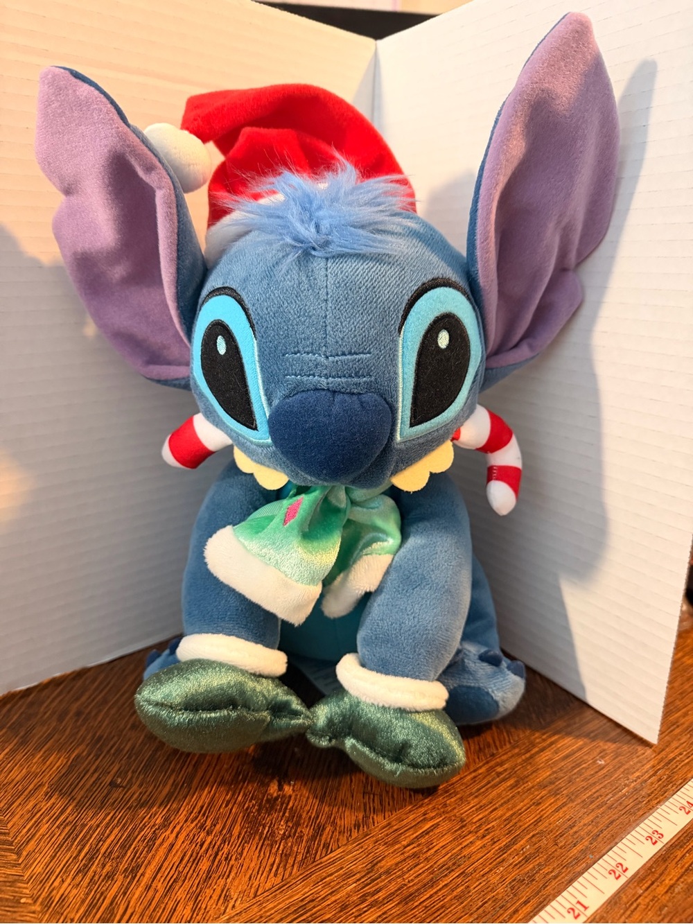 Disney Blue Stitch Plush with Red Santa Hat and Purple Ears